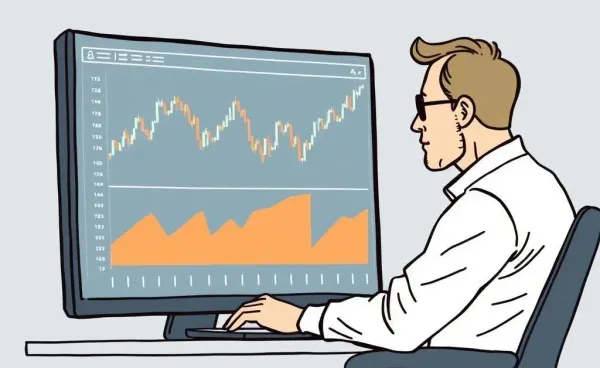 An investor calmly observing stock market trends on a computer screen