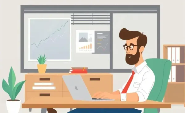An investor calmly reviewing stock charts on a laptop in a serene office setting