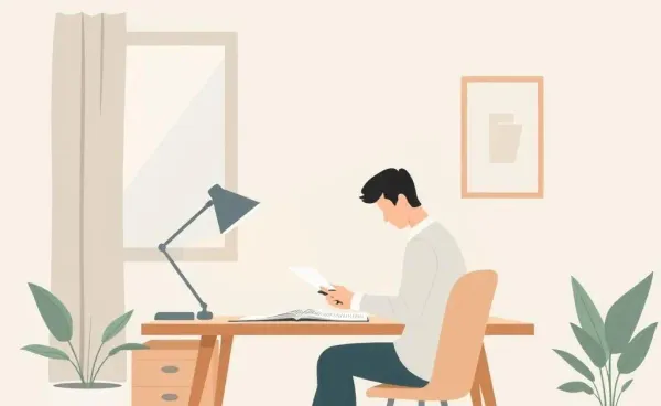 A calming image of a person reviewing legal documents thoughtfully at a desk