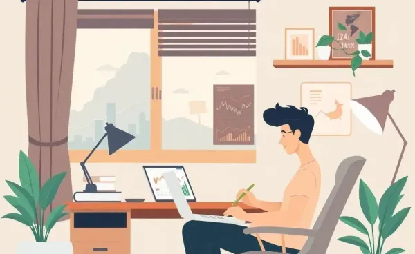 Person analyzing financial charts calmly in a home office