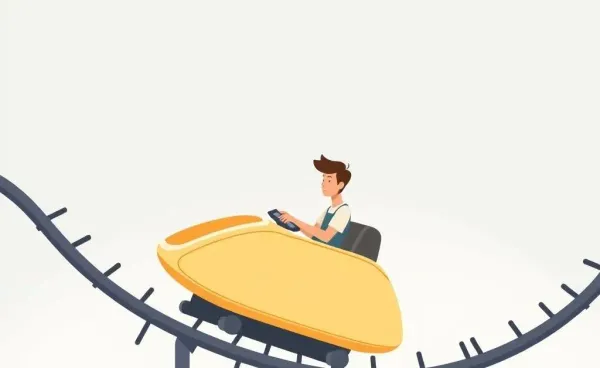 A calm person riding a roller coaster, representing financial market volatility