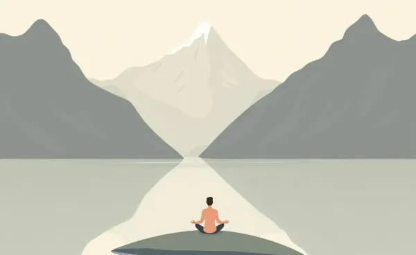 Person meditating by a calm lake with mountains in the background