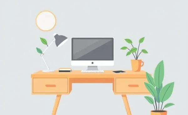 Illustration of a peaceful, uncluttered desk with a calming plant