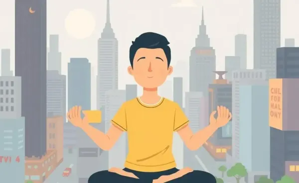 Serene individual meditating amidst a bustling cityscape
