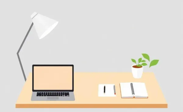 A clean, minimalist desk with a few essential items, conveying calm and focus.