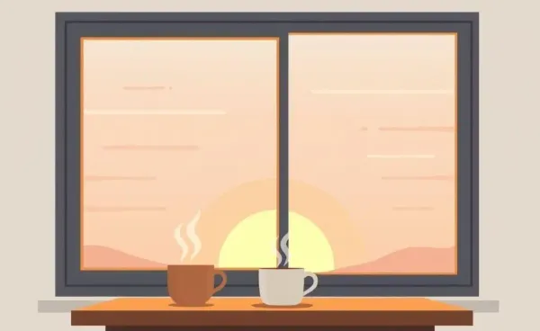 Coffee cup on a table with a sunrise view, symbolizing a peaceful morning routine