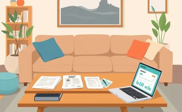 A cozy living room with a coffee table full of mortgage documents and a laptop.