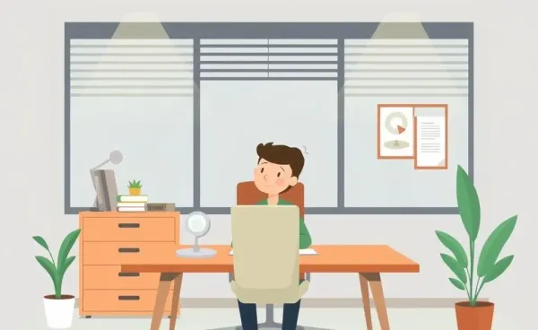 A calm office setting with a person reflecting on career options