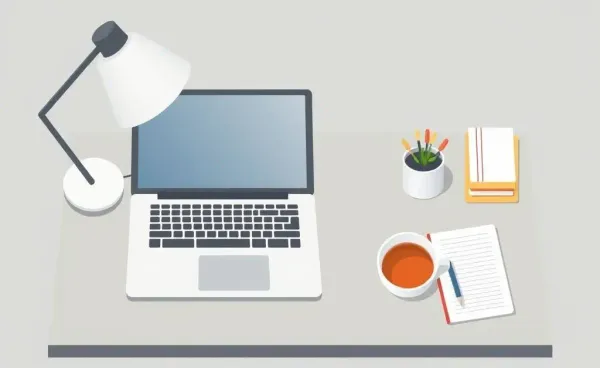 A calm and organized desk setup with a laptop, notebook, and a cup of tea