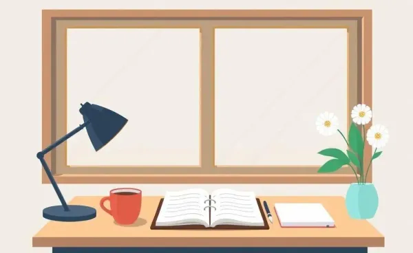 A serene desk with a planner, coffee cup, and a calming window view