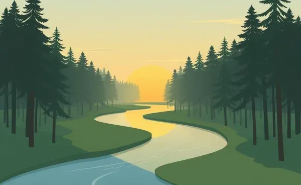 A serene landscape showing a calm river flowing through a forest at sunrise.
