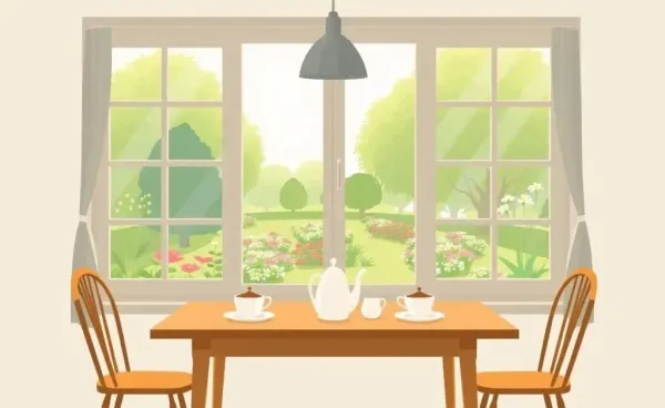 A peaceful kitchen table with tea overlooking a garden, symbolizing balance and calm.