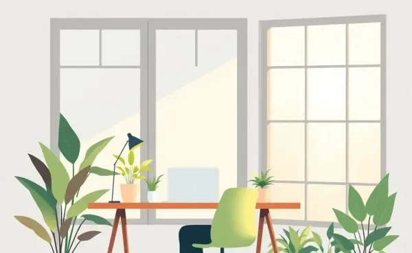 A calm workspace with a laptop and plants, illustrating calmness in work.