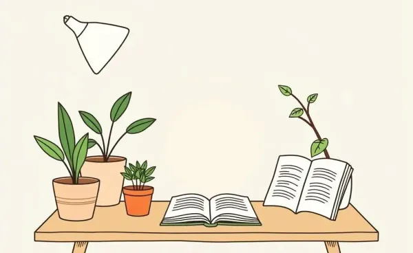 Illustration of a peaceful workspace with plants and a meditation book