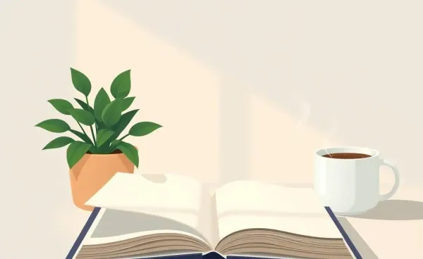 A minimalistic workspace with an open notebook, green plant, and coffee cup
