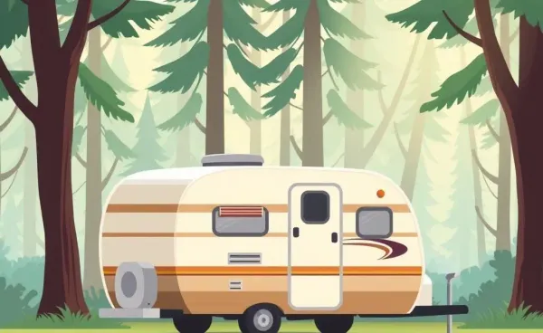 Illustration of a camper parked in a tranquil forest scene