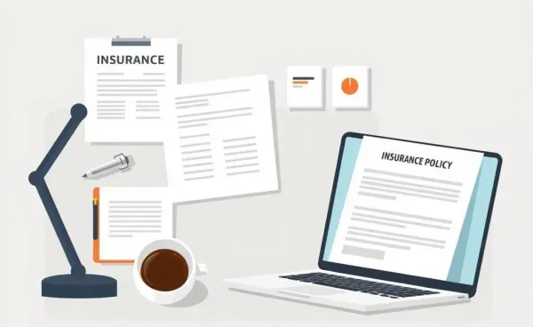 A desk with various insurance documents, coffee, and a laptop displaying insurance information