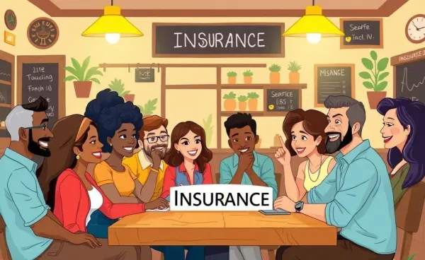 A lively group chatting about insurance in a cafe.