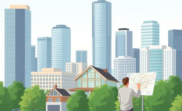 Illustration of a Canadian cityscape with a person looking at a house and a map