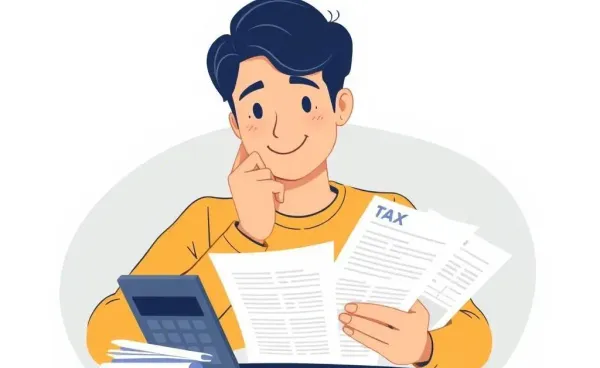 Person contemplating tax documents with a calculator