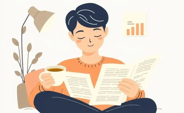 An illustration of a person reading financial documents with a cup of tea on a table.