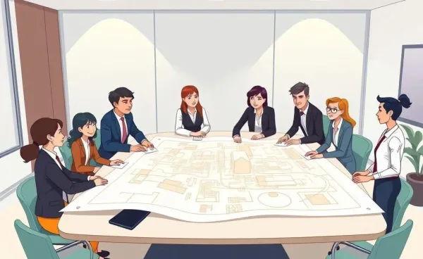 People discussing property management over a large blueprint