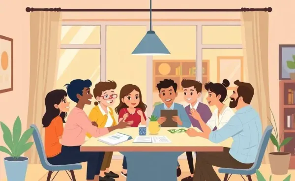 People discussing capital works funds around a table with a house in the background