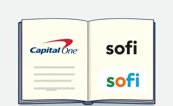Cartoon-style comparison of Capital One and SoFi logos