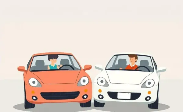 Two drivers amicably resolving insurance details after a car accident