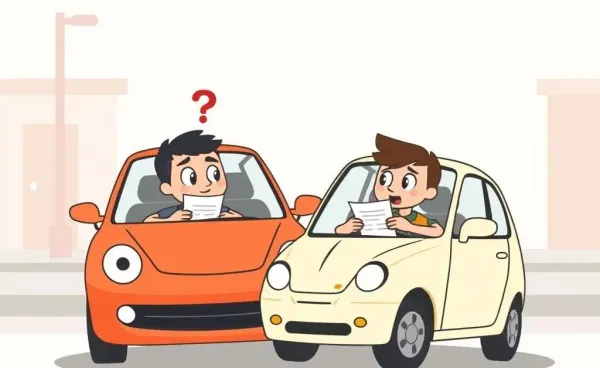 Two drivers looking confused while holding insurance documents after a car accident