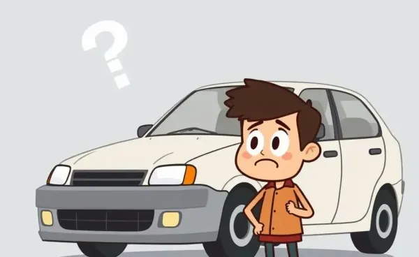 A puzzled person standing by a car with a bent bumper.