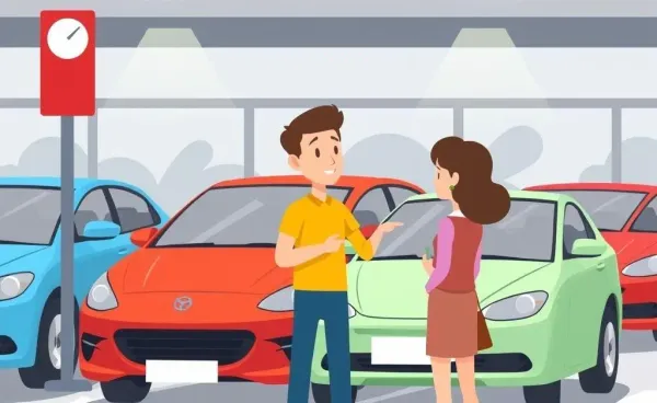 A person looking at different cars in a dealership