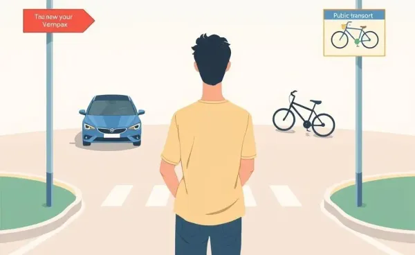 A person deciding between buying a car and using public transportation