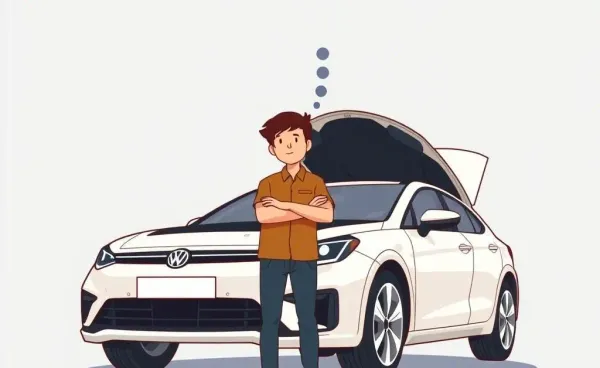 Person pondering changes in front of a car with a new engine