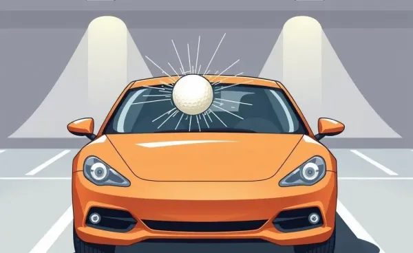 A car in a parking lot with a golf ball hit on the windshield