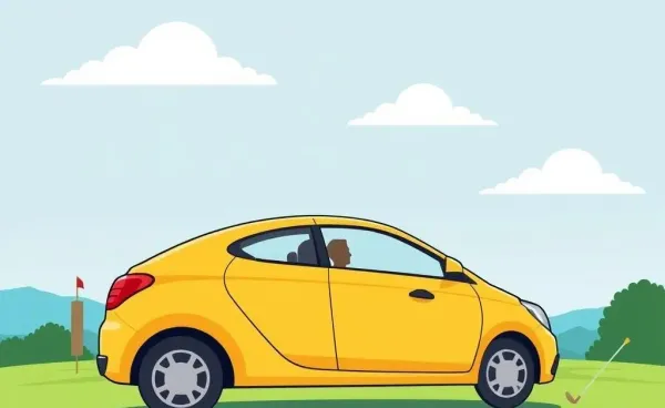 Illustration of a car being hit by a golf ball on a golf course.