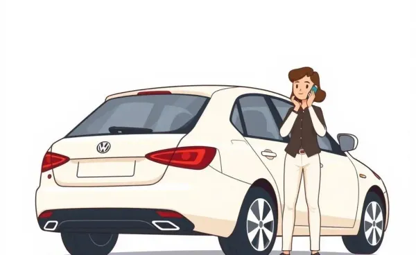 Person on phone beside car with rear-end damage