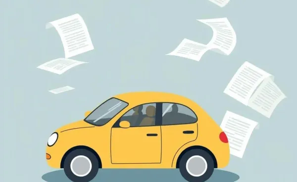 Illustration of a car navigating through paperwork, representing the insurance claim process