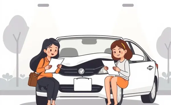 People calmly handling a car accident scene and filling out insurance forms