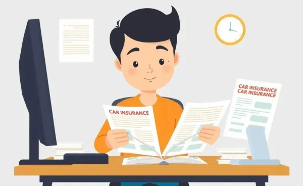 Illustration of a person reviewing car insurance documents at a desk