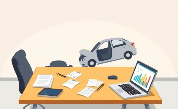 Cartoon scene of a car accident discussion with paperwork and a laptop