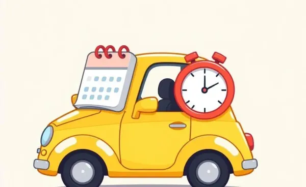 An illustration of a car with a calendar and clock, depicting insurance grace periods.
