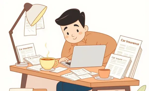 Person sitting at a desk with car insurance papers and a cup of tea
