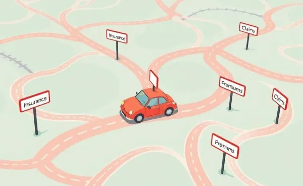 A car navigating a complex map with insurance-related signs
