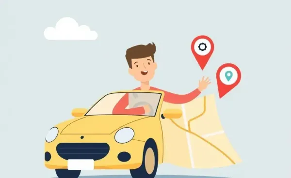 Illustration of a person navigating a map with car and insurance symbols