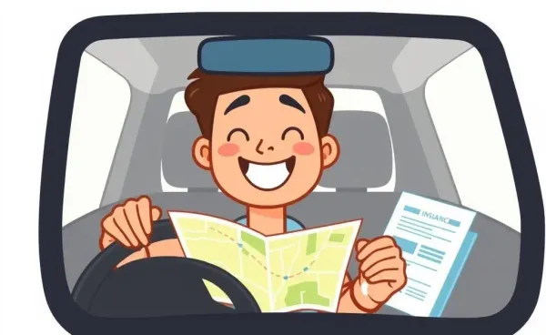 Illustration of a car driver with insurance documents and a map.