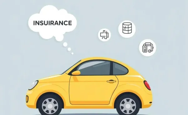 A cartoon car with a thought bubble showing insurance symbols