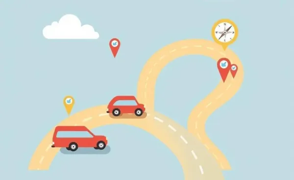 A cartoon-style roadmap with cars, insurance icons, and a compass on a winding path