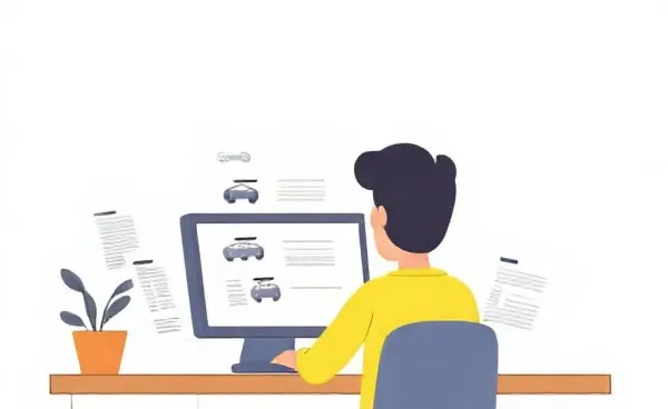 Person searching for car insurance on a computer with documents around.