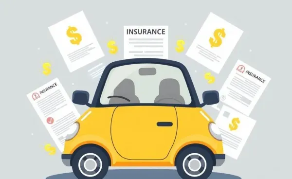 Cartoon car surrounded by insurance policy documents and dollar signs